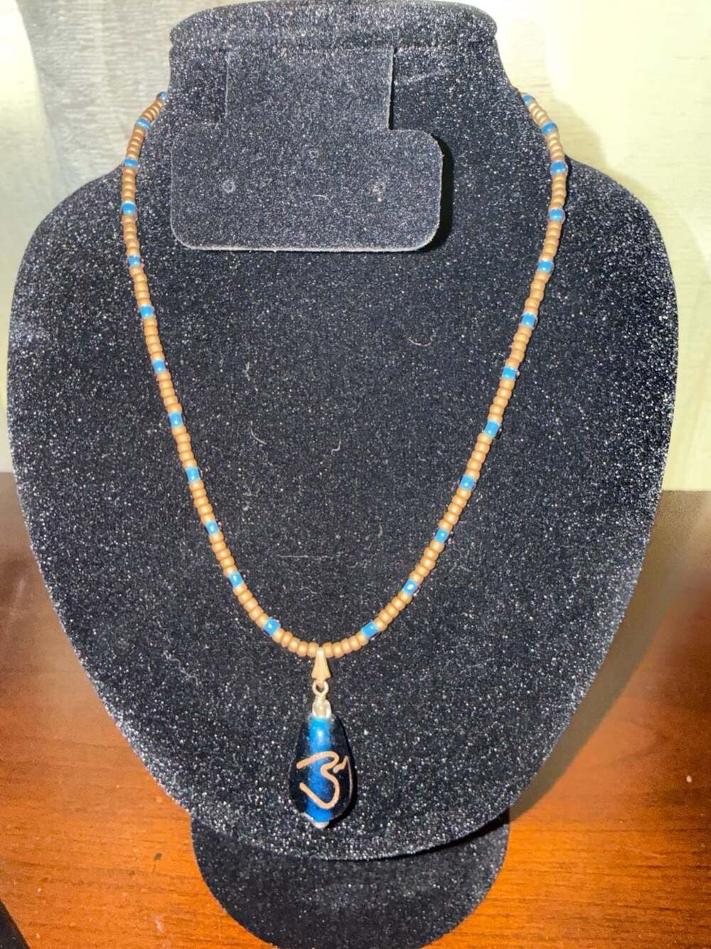 Boho Beaded Necklace Om Symbol Blue Teardrop Pendant